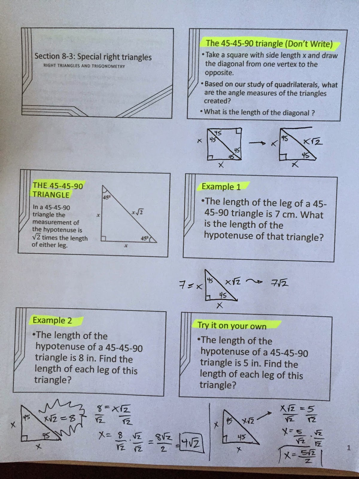 Honors Geometry Vintage High School Section 83 Special Right Triangles