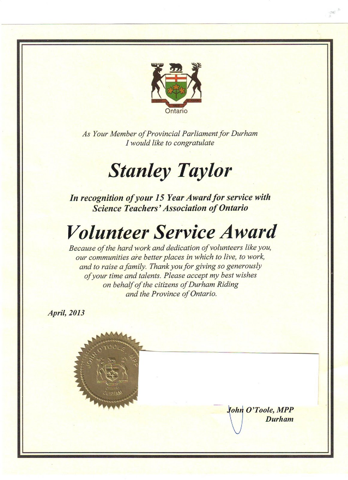 Stanley R Taylor Communications Ontario Volunteer Service Award