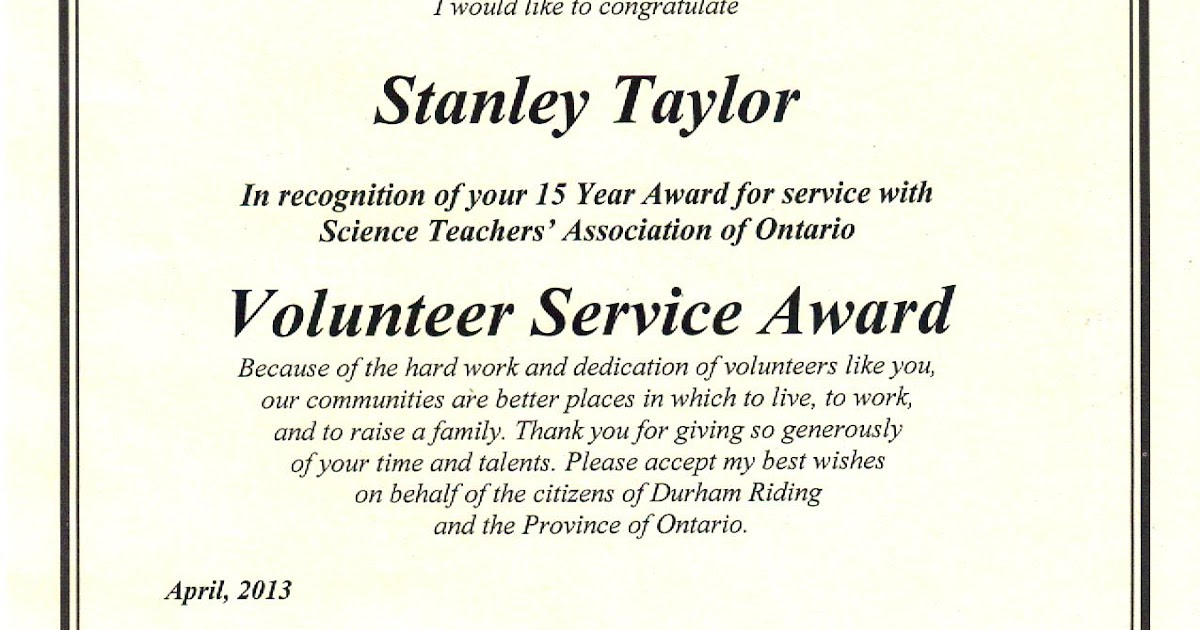 Stanley R Taylor Communications Ontario Volunteer Service Award