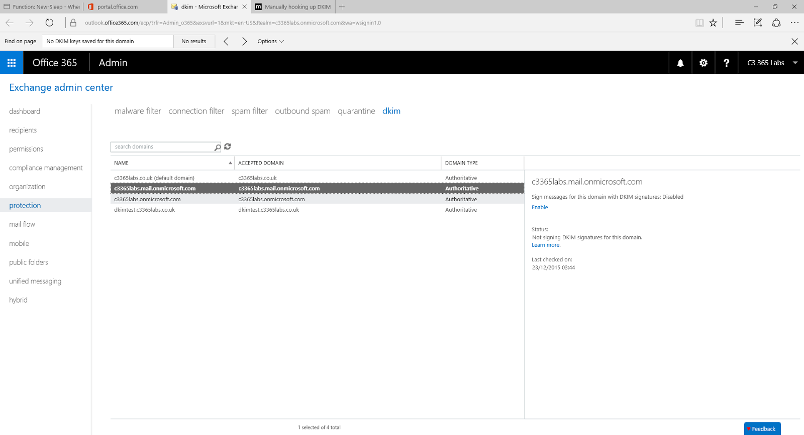 Office 365 DKIM No DKIM keys saved for this domain