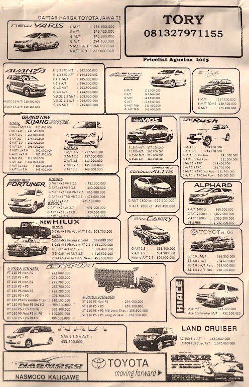 Price list Toyota Semarang Jawa Tengah 2015