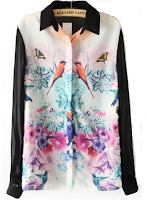 Black Long Sleeve Birds Flowers Print Blouse Black Long Sleeve Birds Flowers Print Blouse