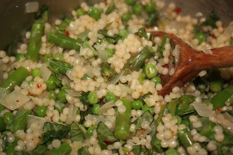 Israeli CousCous with Asparagus, Peas and Goat Cheese