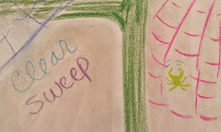 Pastel drawing of a doorway, spider webs, and a green spider as seen in a dream.