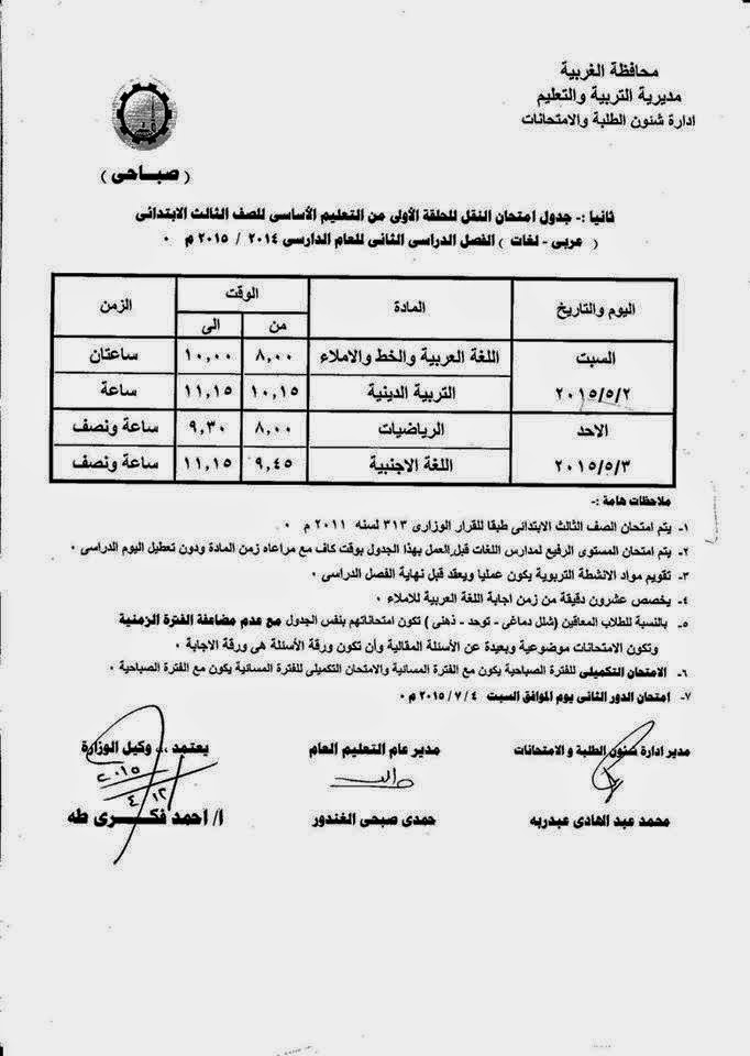 جداول امتحانات كل فرق الغربية أخر العام2015