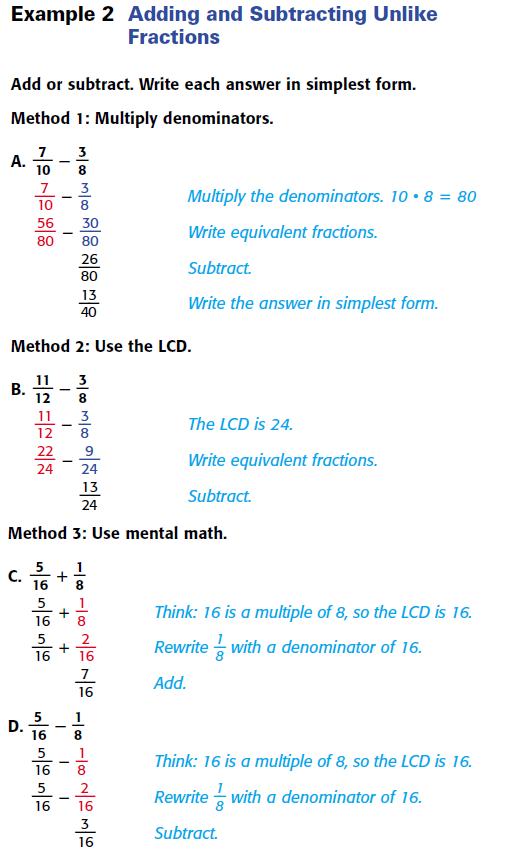 Gallimore Math Course 1: Adding and Subtracting Fractions with Unlike