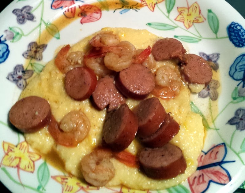 The Tiny Tyrant's Kitchen Cajun Shrimp & Grits with Andouille Sausage