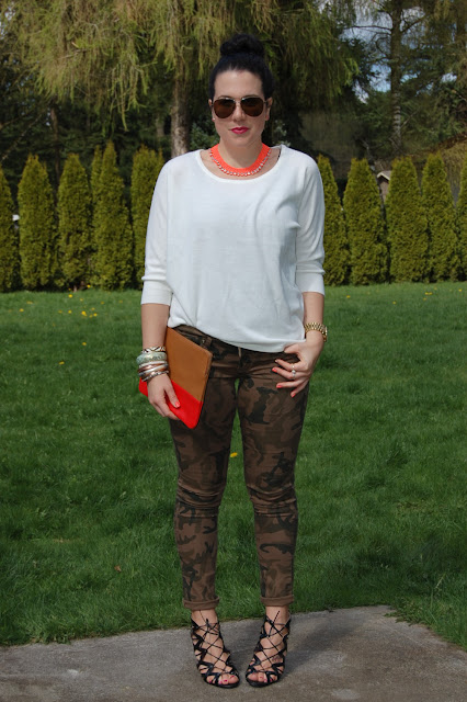Camouflage skinny jeans, Gap clutch, Prabal Gurung for Target cage heels