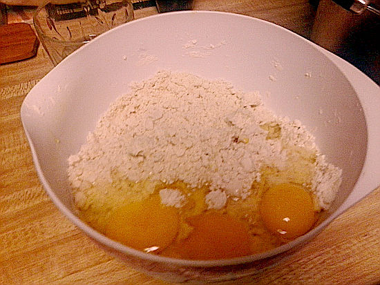 Mixing bowl with German Tart flour mixture with eggs added.