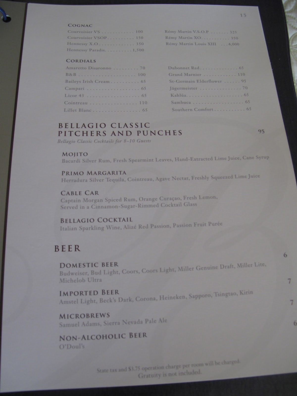 LAS VEGAS DAZE Bellagio Room Service Menu