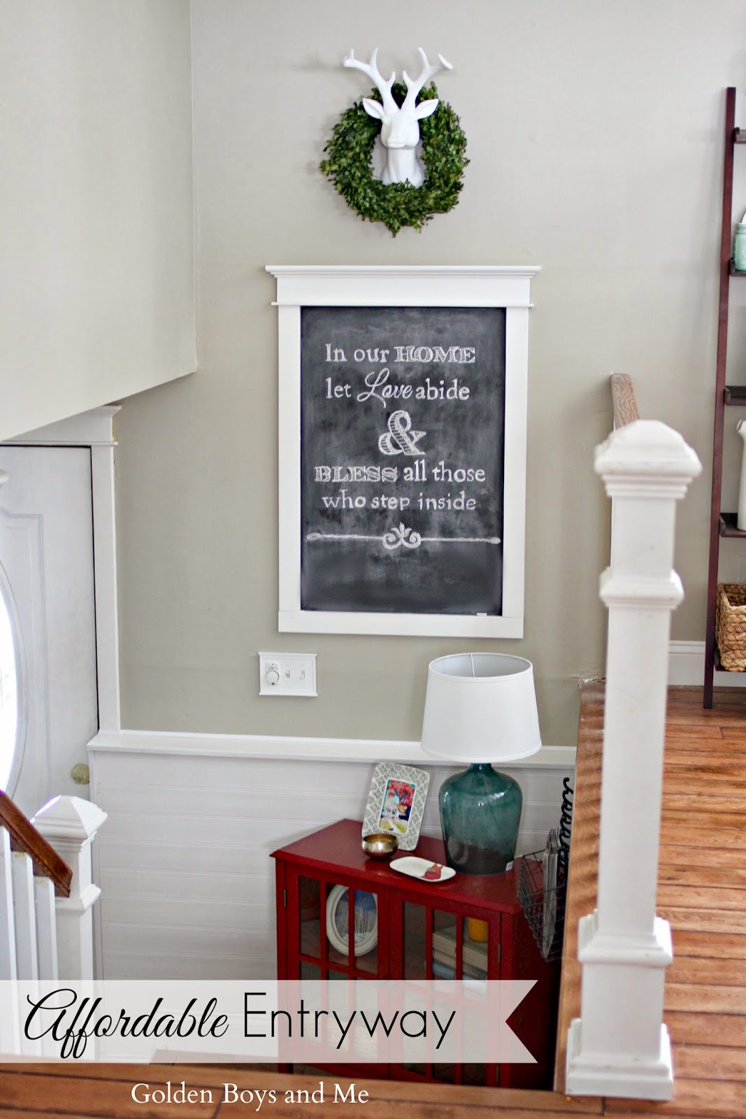 entryway chalkboard with deer head and boxwood with Target Threshold cabinet-www.goldenboysandme.com