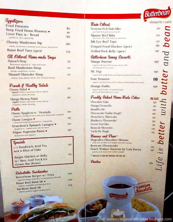 Butterbean Desserts and Cafe Cebu Menu