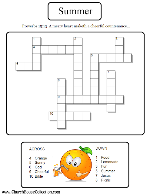 Orange Summer Crossword Puzzle Printable for Sunday School Kids
