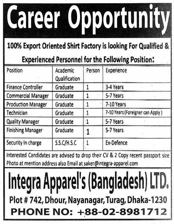 Jobs Barta Integra Apparels Bangladesh Ltd Jobs Circular, Post