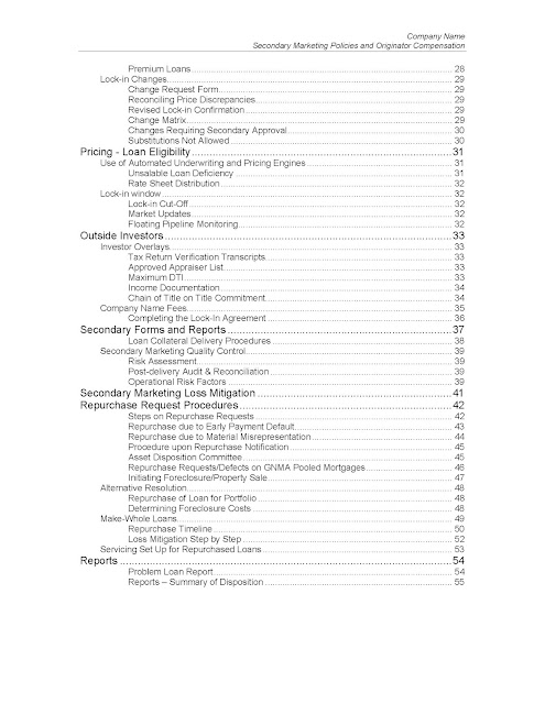 Secondary Marketing Policy and Procedure Manual Table of Contents page 2