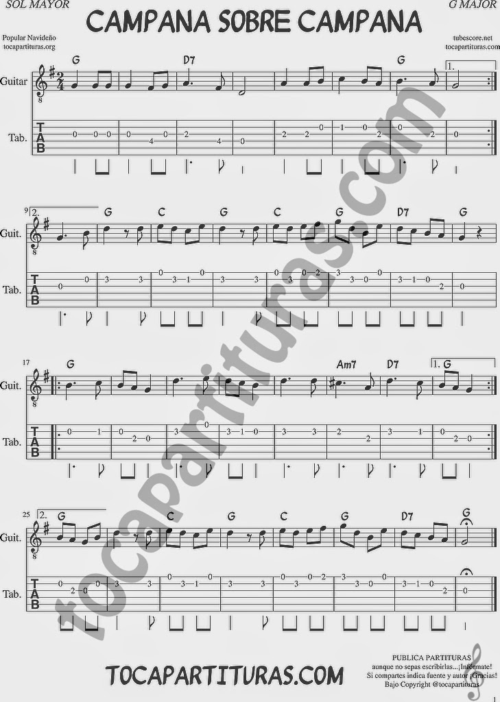 Tubescore Over the Bells Tablature Sheet Music for Guitar in G Major Campana Sobre Campana Christmas Carol