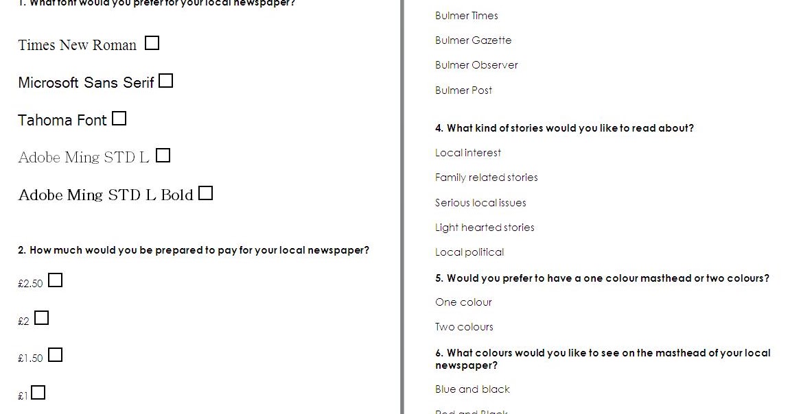 A2 Media Newspaper Project Questionnaire For The Public