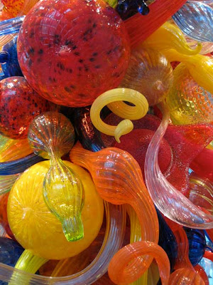 Intensely colorful glass pieces close up