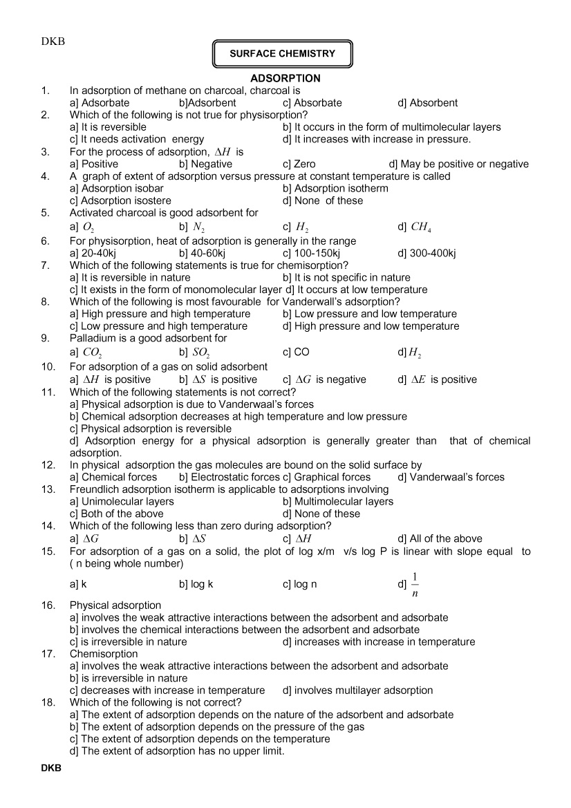 SURFACE CHEMISTRY THEORY AND PROBLEMS