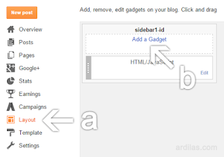 Layout / tata letak, add a gadget / tambah gadget - Cara Membuat Widget Artikel / Postingan Terbaru di Blogspot
