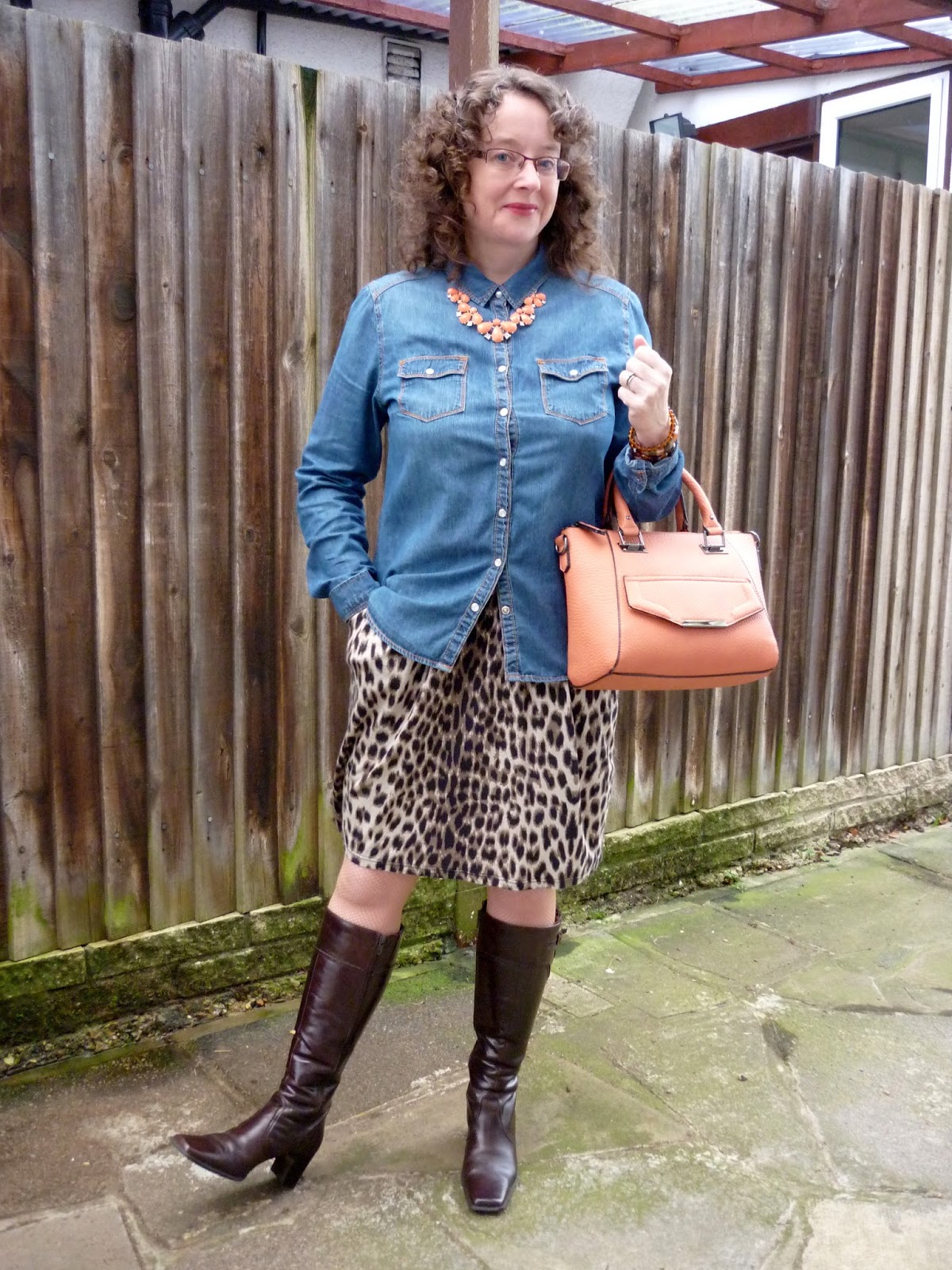Leopard Print, Denim Shirt, Coral Necklace & New Look Bag | Petite Silver Vixen