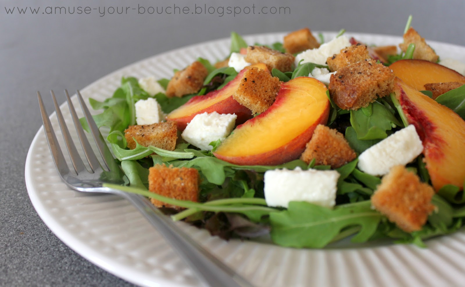 Peach and mozzarella rocket salad with balsamic and homemade croutons