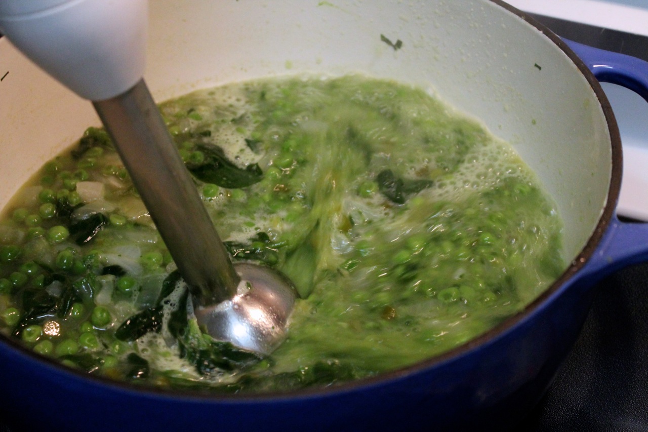 Cook In / Dine Out Pea, Spinach, Mint and Garlic Scape Soup