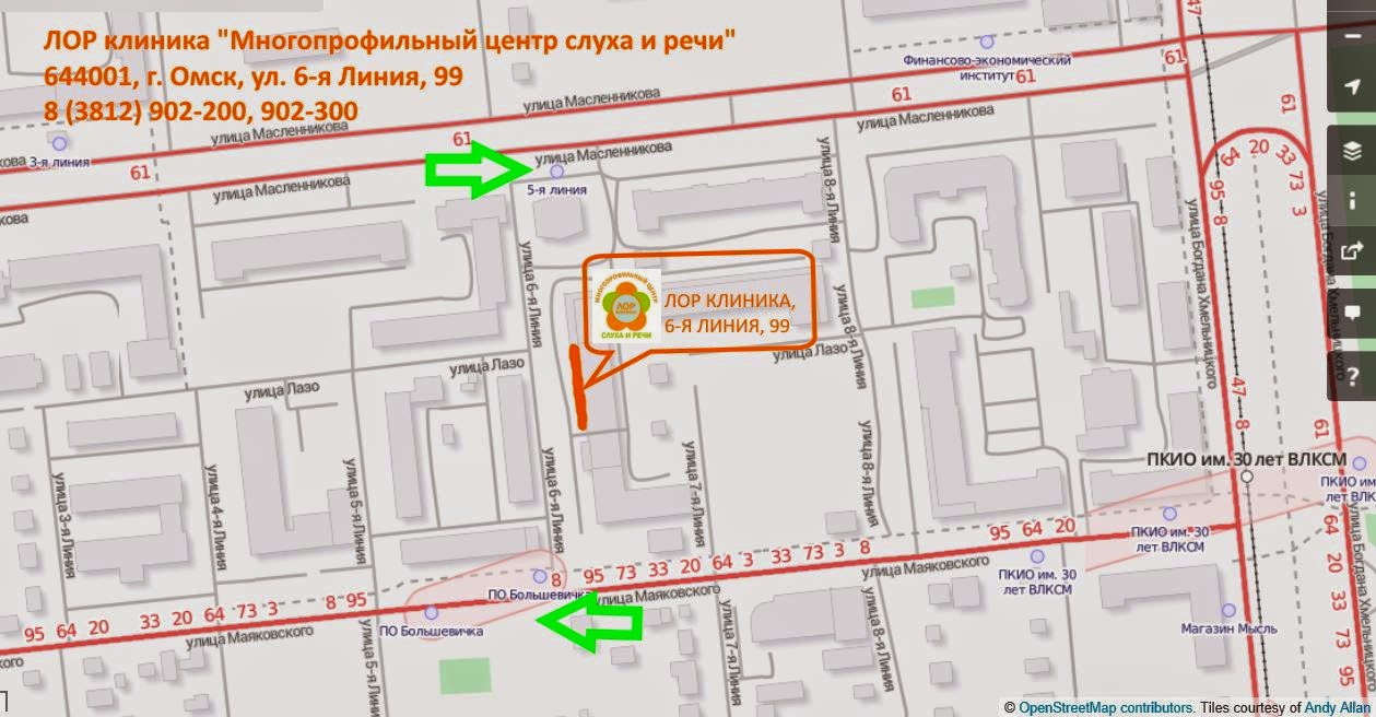Лор клиника "Многопрофильный центр слуха и речи" на карте Омска Как проехать в Лор клинику "Многопрофильный центр слуха и речи" в Омске