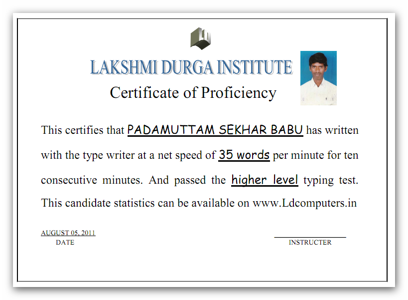 Lakshmi Durga Computers Certificate Padamuttam Sekhar Babu
