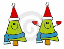 Two happy Christms trees celebrate because Christmas is next month.