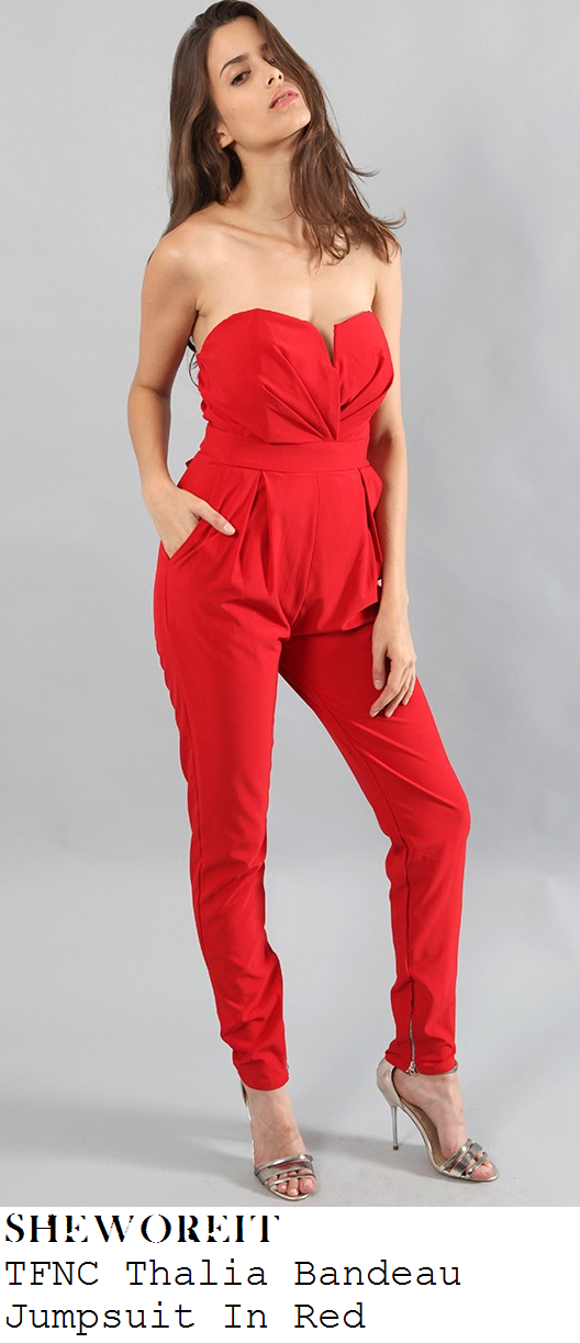 michelle-heaton-red-strapless-bandeau-tailored-jumpsuit-ok-party