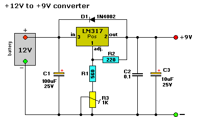 Build a Simple +12v to +9v converter 