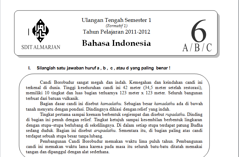 Download Soal Bahasa Indonesia Kelas 6 SD UTS Semester 1 2011-2012