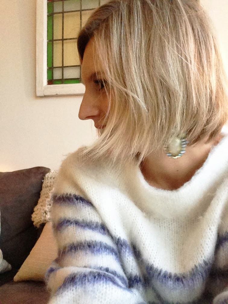Hair cut big chop wispy blonde bob stripe knit bauble bar opal galactic earrings Hair cut big chop wispy blonde bob stripe knit bauble bar opal galactic earrings