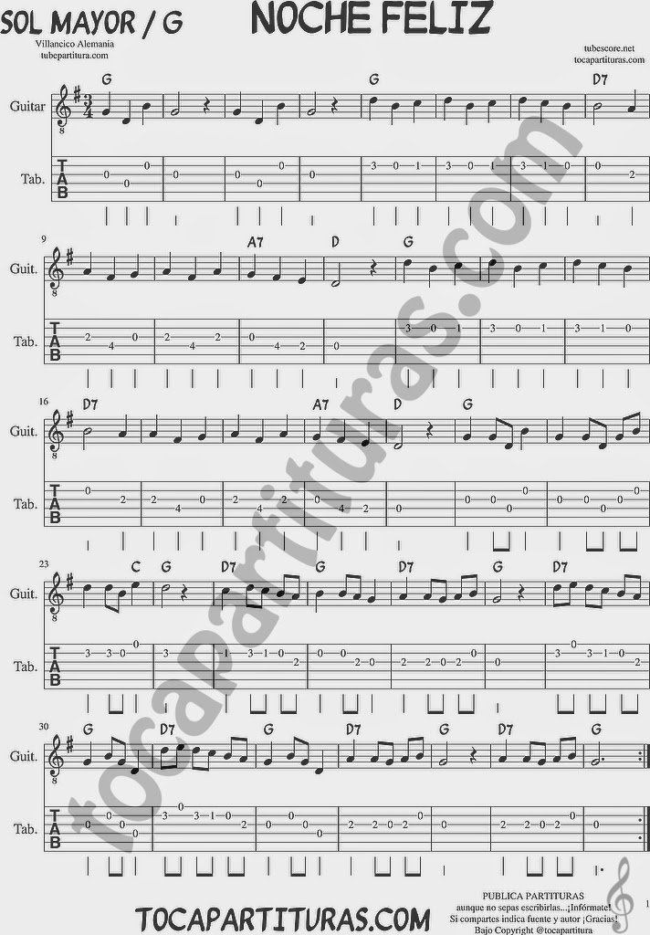 Tubescore La Marimorena Tab Sheet Music for Guitar in G Major Christmas Carol with chords