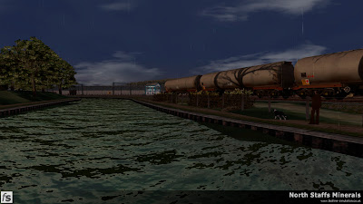 Fastline Simulation - North Staffs Minerals: You can only assume this picture was taken from a narrow boat on the canal of 102t bogie tanks in Cockshute Yard, Stoke-on-Trent in North Staffs Minerals a route for RailWorks Train Simulator 2012.