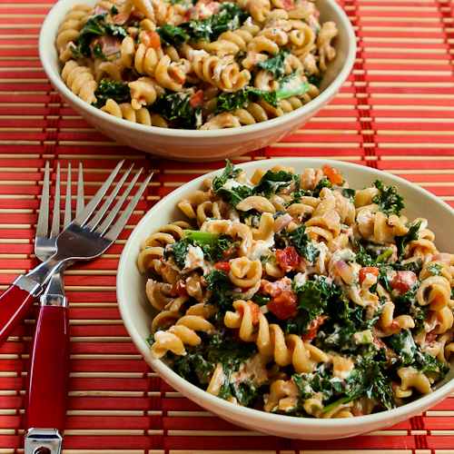Vegetarian Whole Wheat Pasta with Fried Kale, Tomato Sauce, and Goat