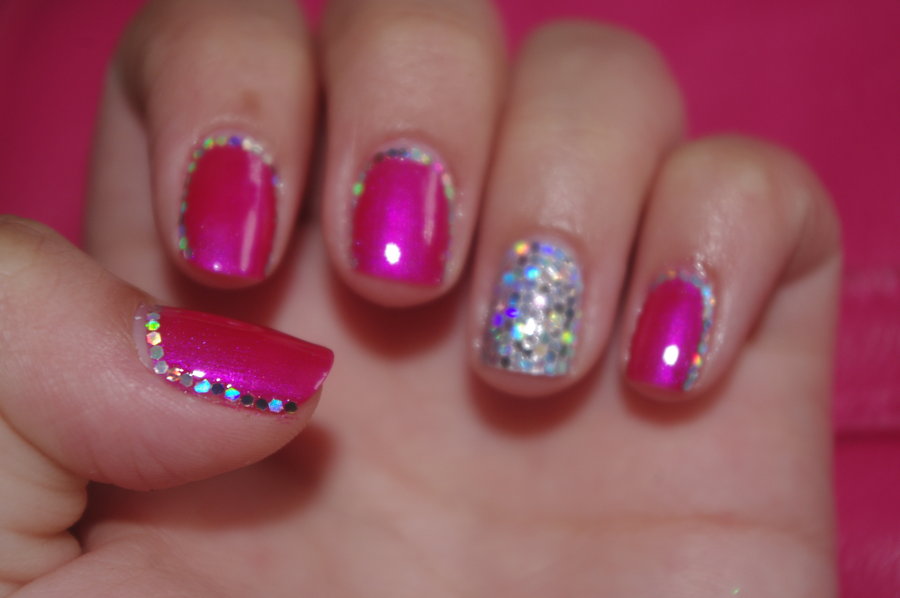 pink black silver nail design