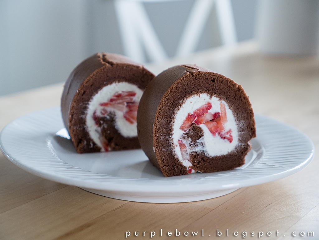 Purple bowl Moist and soft chocolate Swiss roll recipe