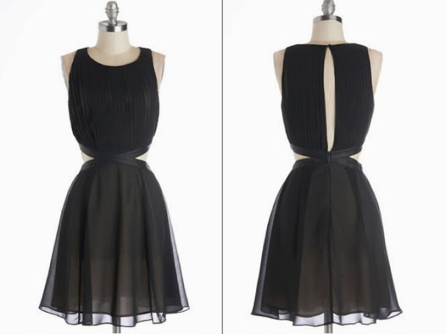 Black pleated dress, side cutouts, Modcloth