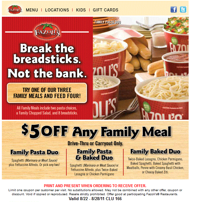 Restaurant Coupons Fazoli’s, Ted’s Montana Grill, T.G.I. Friday’s