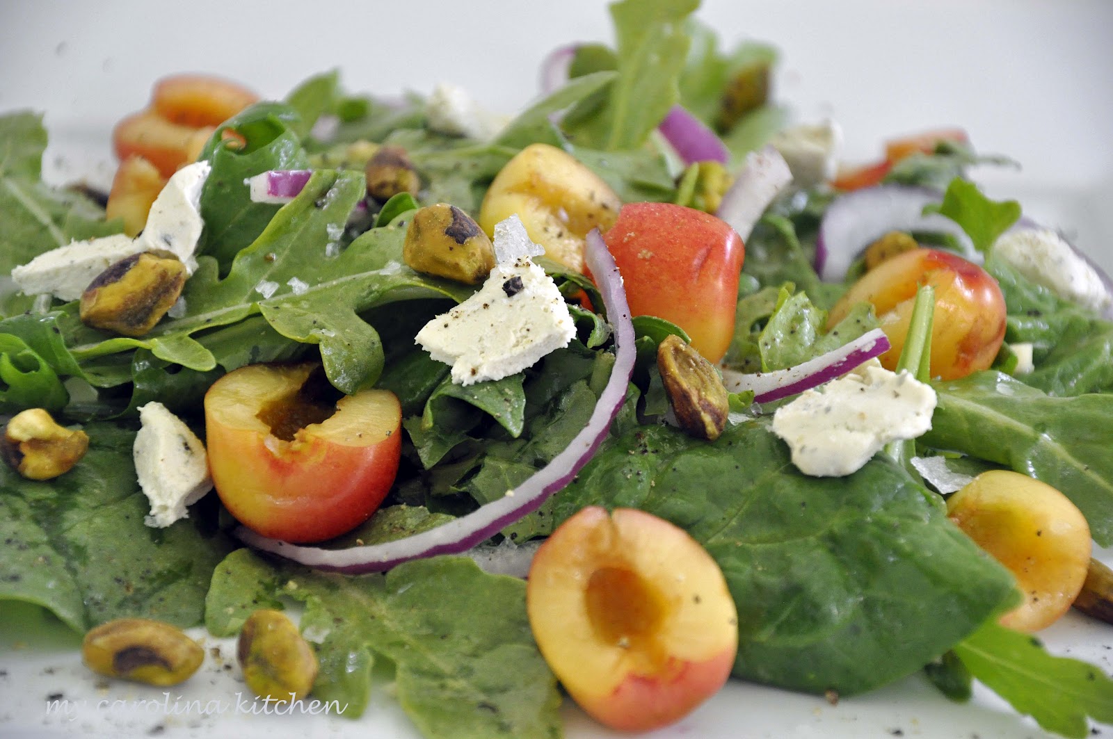 My Carolina Kitchen Salad with Cherries, Goat Cheese and Pistachios
