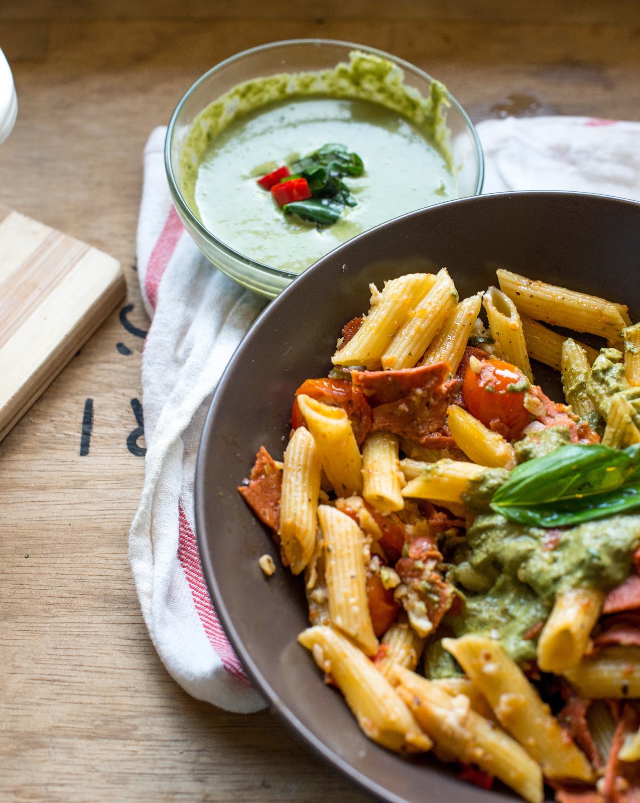 Vegan in Melbourne Vegan salami, tomato, and basil pasta bake.