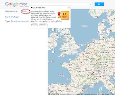 Ein Screenshot zeigt Google Maps. Am linken Rand ist ein Pop-Up geöffnet, das auf Meine Orte hinweist.