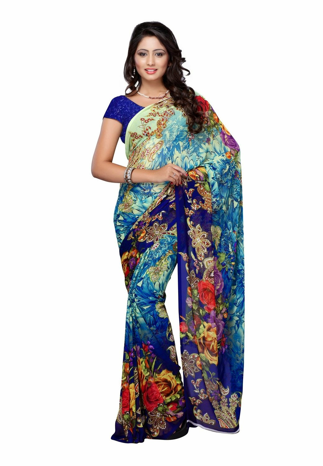 Blue with multi color floral printed georgette saree