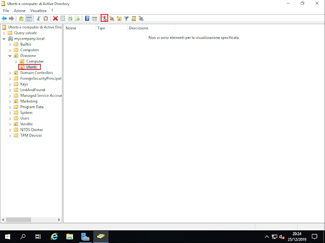 Utenti e computer di Active Directory, Crea nuovo utente nel contenitore corrente Utenti e computer di Active Directory, Crea nuovo utente nel contenitore corrente