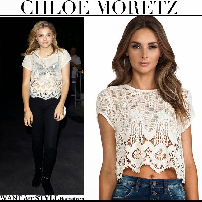 WHAT SHE WORE Chloe Moretz in cream lace crop top by Lovers and