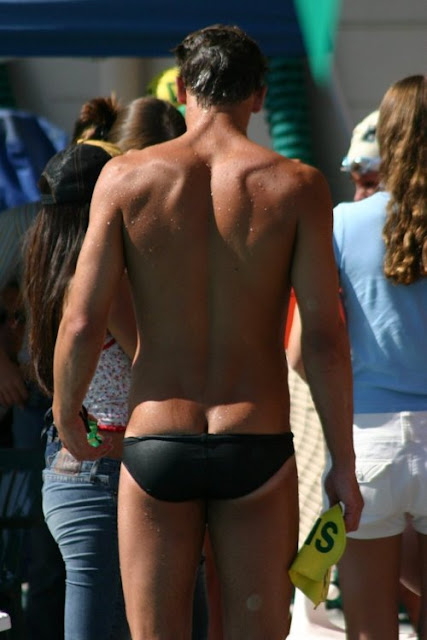 Nice low speedo fit on this swimmer (his club ID not clear from cap in hand...