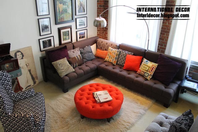 red ottoman and brown corner sofa for modern living room
