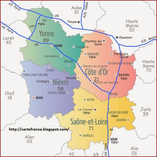 Carte Bourgogne Departement Ciudad | Carte France Département Région